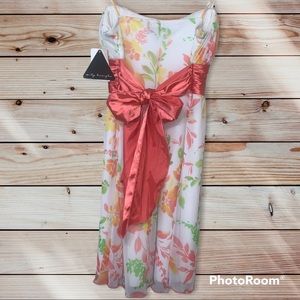 Floral Dress floral feminine white lettuce white coral bow mini midi M scoop